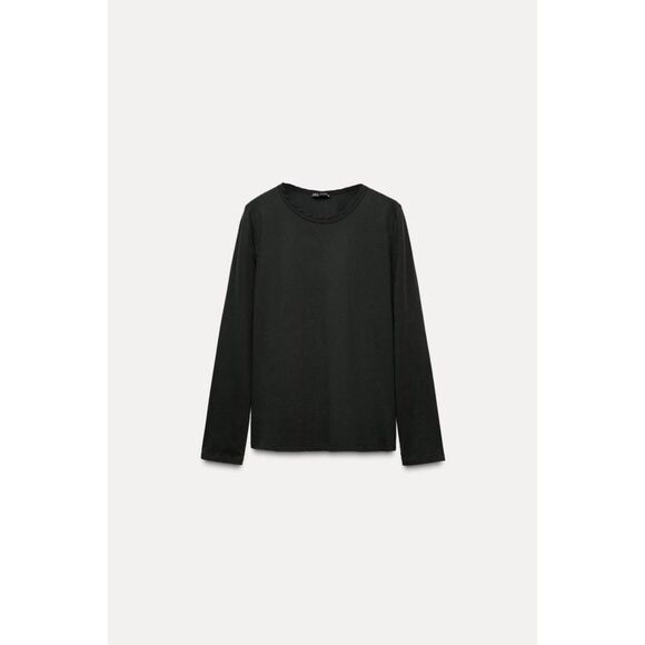 Black Zara Crew Neck Long Sleeve Pullover Basic T-Shirt Tee (NWT) - Picture 1 of 8